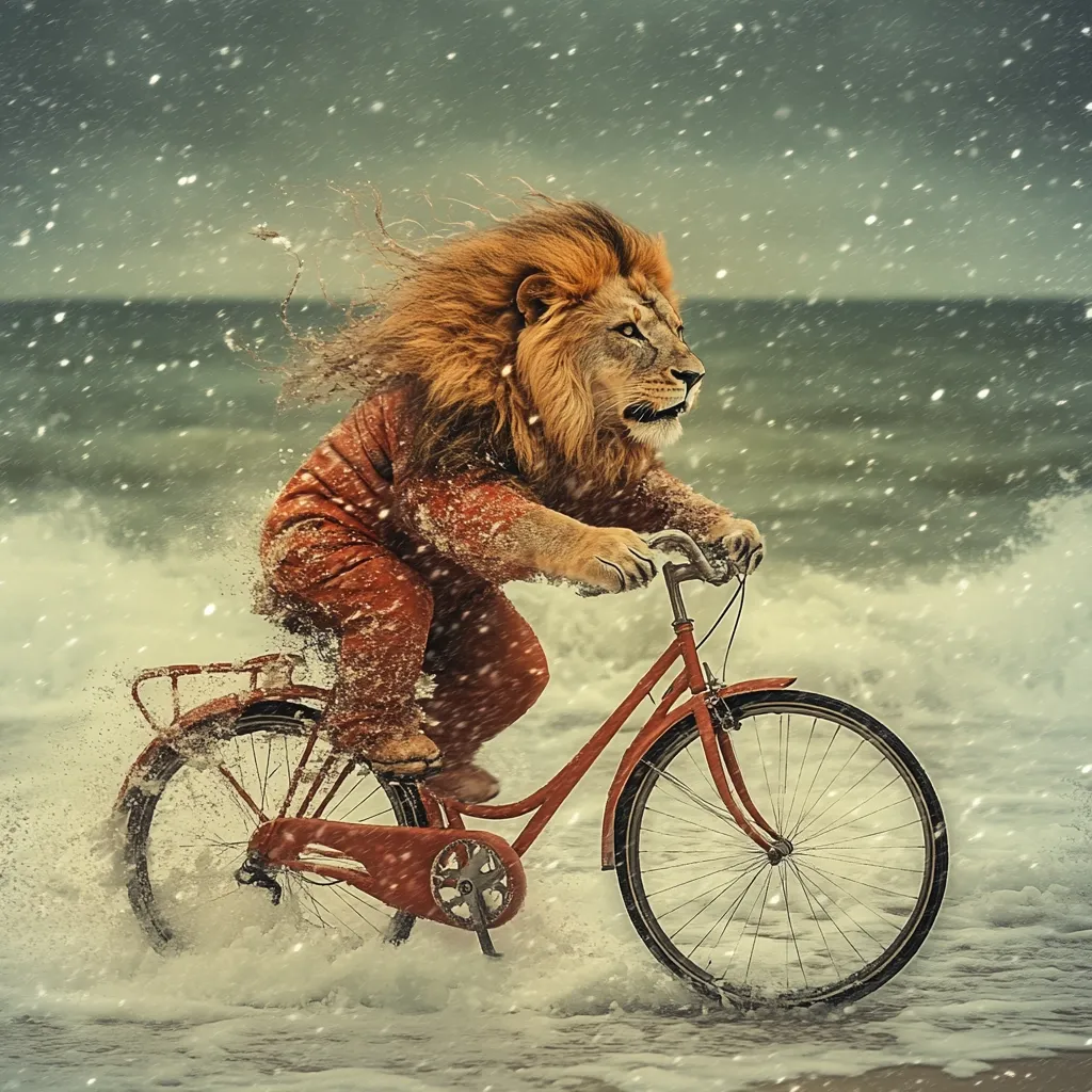 A majestic lion, clad in a reddish-brown jumpsuit, bravely cycles through a stormy ocean.  Snow falls as waves crash around the bicycle's wheels. The lion's mane whips in the wind, adding to the dramatic scene.  The image is a whimsical blend of animal and human elements, set against a backdrop of turbulent sea and wintry weather.