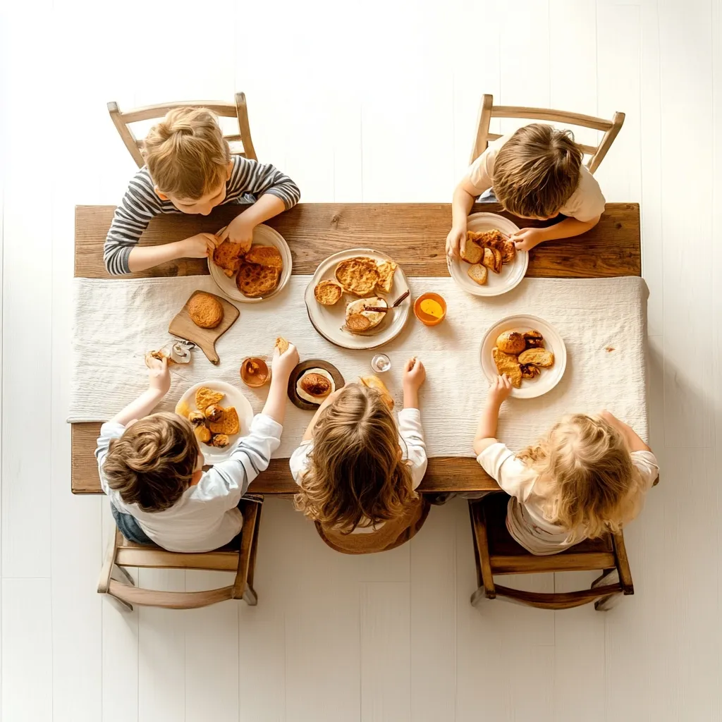Four children sit around a wooden table, enjoying a meal of toasted bread and pastries.  The overhead shot shows individual plates of food in front of each child, along with small bowls and a honey pot.  They are seated in wooden chairs, and the light, airy setting suggests a casual, family breakfast or brunch.