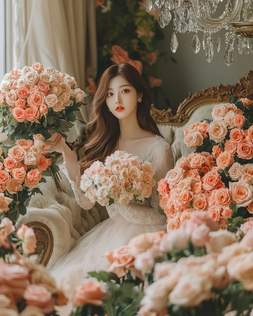 A young woman with long brown hair sits on an ornate couch, surrounded by numerous bouquets of peach-colored roses. She wears a delicate, long-sleeved, light beige wedding dress. The setting is luxurious, with a crystal chandelier in the background.  The overall aesthetic is romantic and elegant, emphasizing the beauty of the woman and the flowers.
