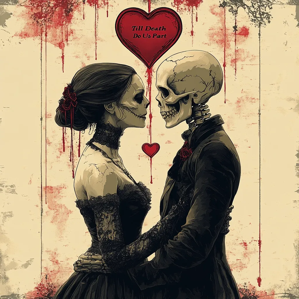 A stylized illustration depicts a skeletal bride and groom embracing.  The bride wears a black lace gown, her skull adorned with roses. The groom, also skeletal, is in a dark suit.  A large heart with the words "Till Death Do Us Part" floats above them, surrounded by blood drips on a textured, antique background.  The image blends romantic imagery with macabre elements, creating a visually striking and emotionally complex piece.