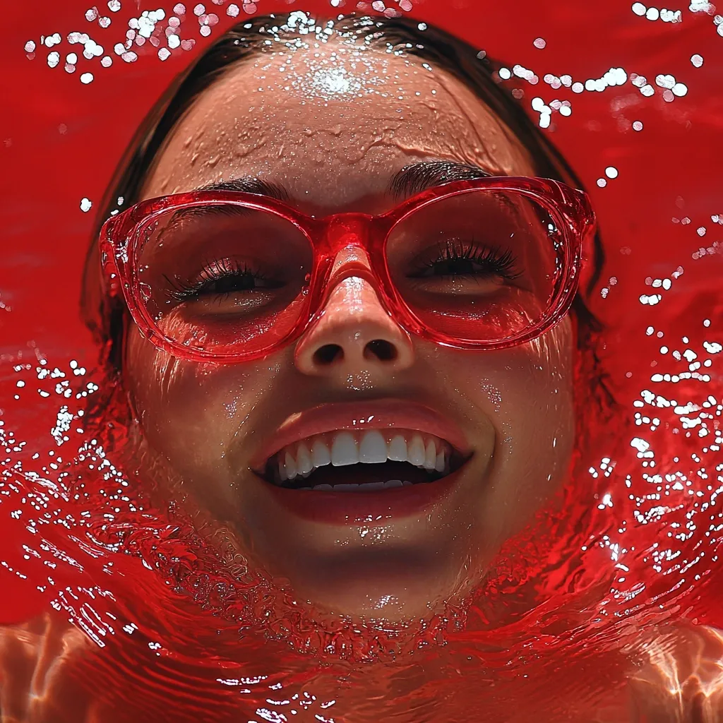 A close-up shot of a woman's face submerged in red water.  She's wearing bright red cat-eye glasses and has a joyful expression, her mouth open in a wide smile. Water droplets cling to her skin and hair, creating a vibrant, saturated image. The overall mood is one of playful energy and summery fun.