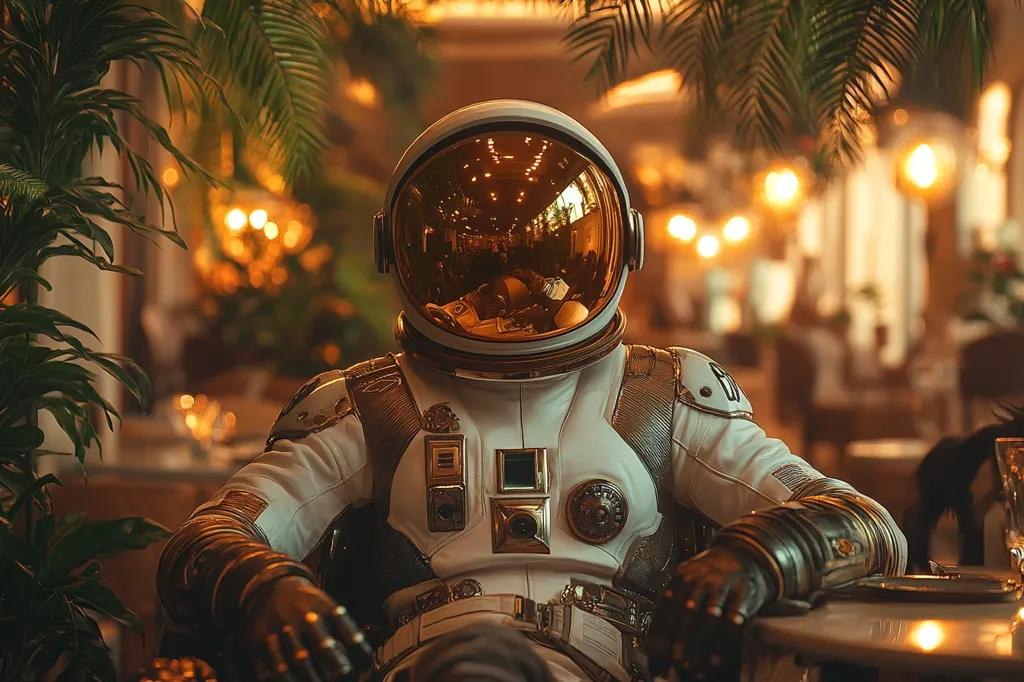 An astronaut, clad in a futuristic, gold-accented spacesuit, sits calmly at a table in a dimly lit, elegant restaurant.  Warm, golden light emanates from the background, highlighting the luxurious setting. Lush tropical plants frame the astronaut, creating a surreal contrast between the space explorer and the refined environment. The astronaut's helmet reflects the surrounding ambiance, adding to the dreamlike quality of the image.