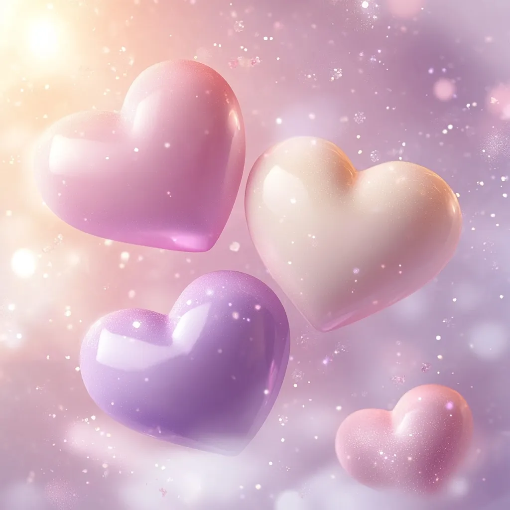 Three glossy hearts in pastel pink, peach, and lavender float against a soft, light purple background.  Tiny sparkles drift around the hearts, creating a dreamy, romantic atmosphere.  A smaller, similarly-hued heart is visible in the lower right corner. The overall image evokes feelings of love, affection, and Valentine's Day.