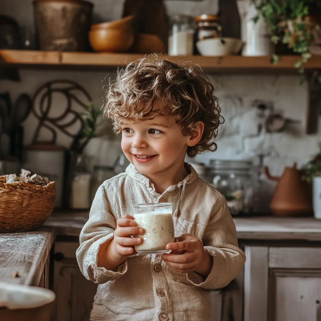 A toddler with curly blond hair smiles as he holds a glass of creamy, light-colored yogurt or smoothie in a rustic kitchen.  He's wearing a light beige shirt, and a wicker basket sits on the counter behind him. The warm lighting and vintage kitchen setting create a cozy, homely atmosphere.