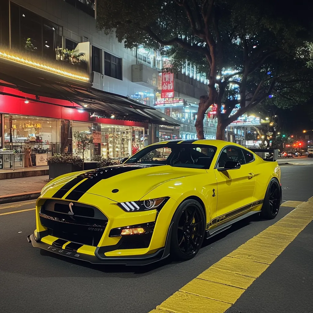 A vibrant yellow Ford Mustang Shelby GT500 is parked at night on a city street.  The car features black racing stripes and sits prominently in the foreground, with a softly lit city backdrop and a large tree visible. The scene is calm and showcases the car's sleek design against the urban environment.  The nighttime setting enhances the car's bright yellow paint.