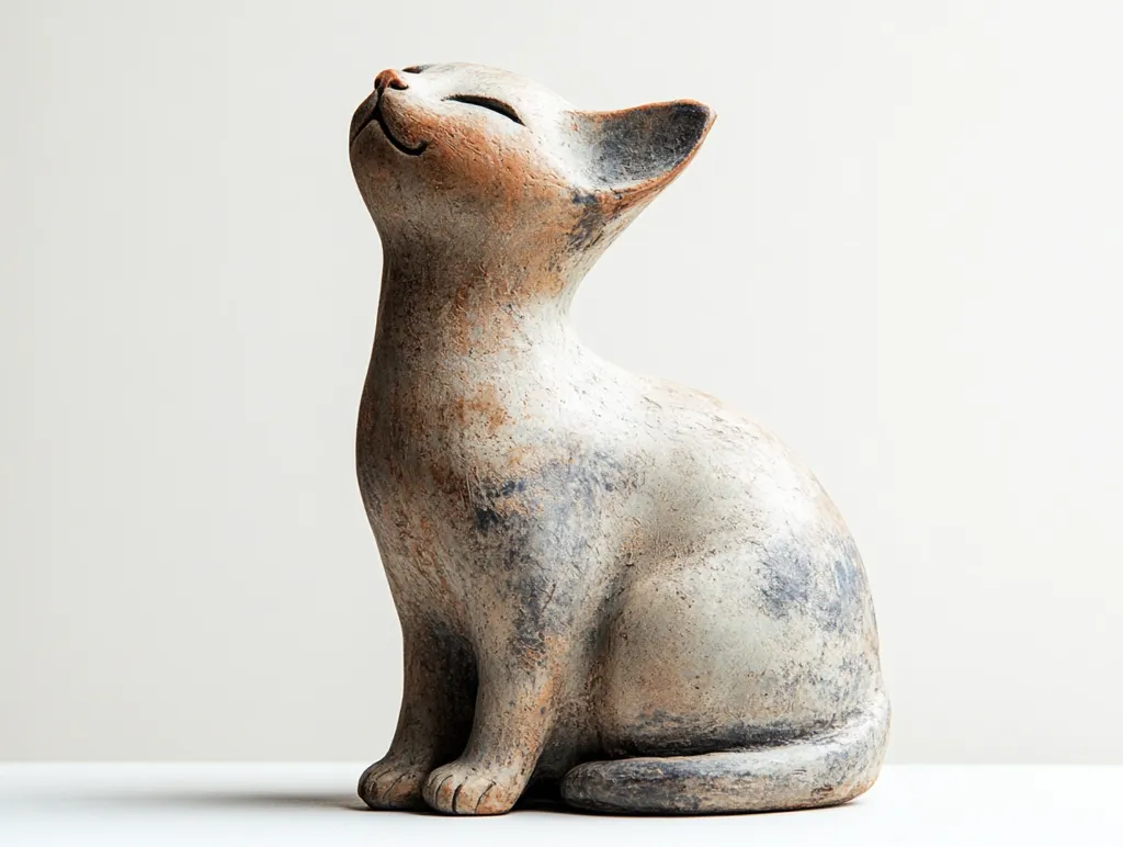 A charming ceramic cat figurine sits serenely, gazing upward.  The sculpture is crafted in muted tones of grey and beige, with a subtly distressed finish giving it an antique feel.  The cat's posture is relaxed and peaceful, conveying a sense of calm.  Its form is stylized but realistically proportioned, adding to its overall appeal as a decorative piece.