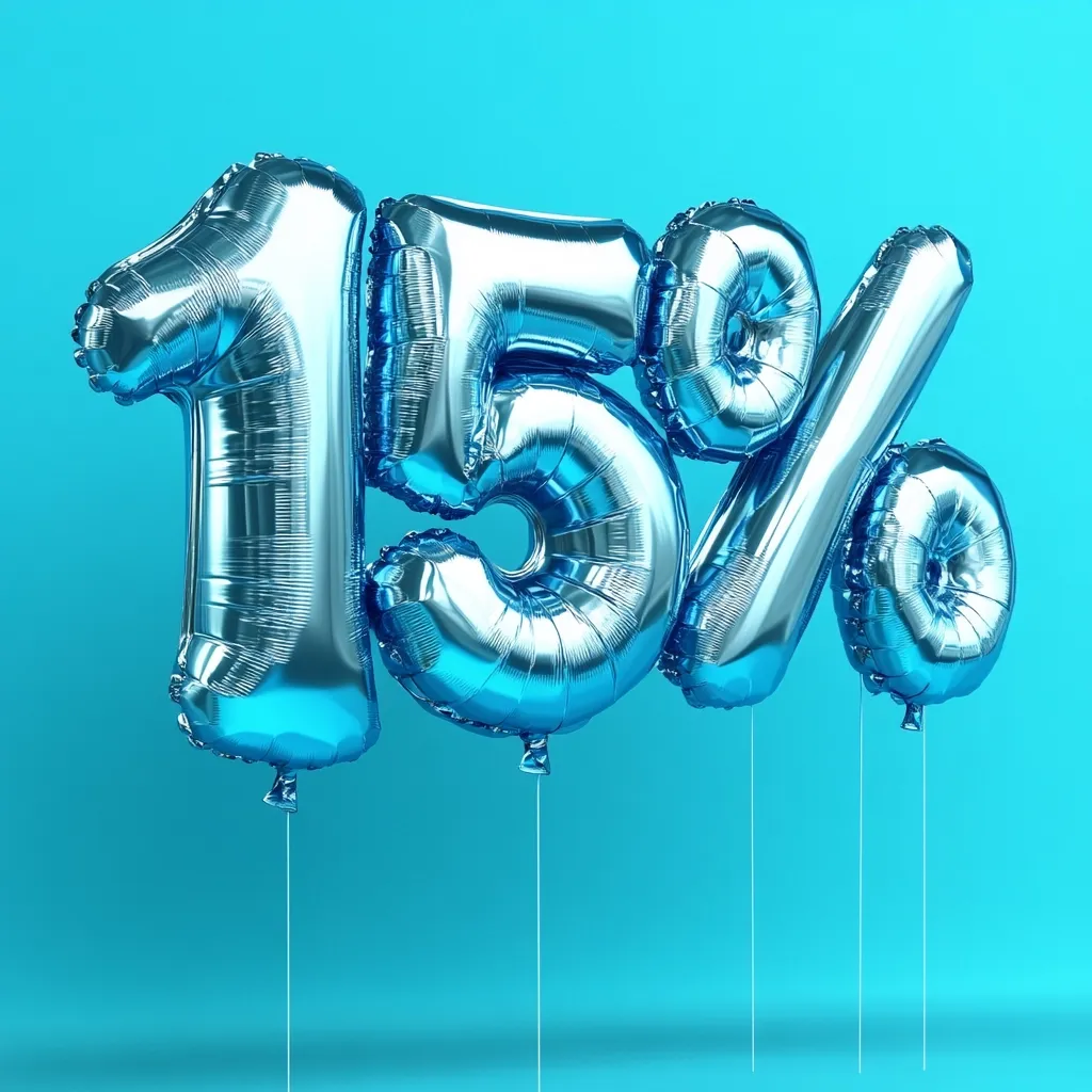 Against a light blue background, metallic light blue balloons shaped as the numerals "15" and a percent sign are displayed.  The balloons are inflated and appear reflective.  Strings dangle beneath each balloon, suggesting they are floating. The image suggests a sale or discount of 15 percent.