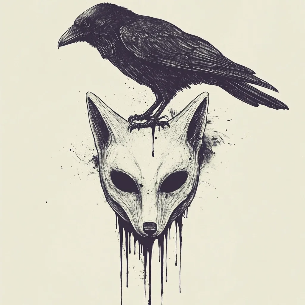 A monochromatic drawing depicts a raven perched atop a fox mask.  The mask, detailed and realistic, drips black paint, creating a dramatic effect.  The raven's dark feathers contrast sharply with the mask's pale coloring. The overall style is dark, evocative, and slightly surreal, suggesting themes of mystery and duality.  The artwork is rendered with fine lines and shading, showcasing a skilled hand.