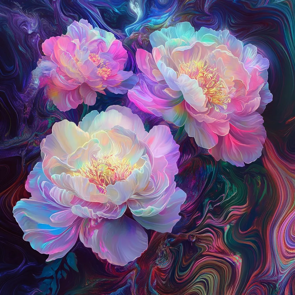 Three iridescent peonies, rendered in vibrant pastel hues of pink, purple, and white, are the focal point of this artwork. Their delicate petals are meticulously detailed, creating a sense of ethereal beauty. The flowers are set against a swirling backdrop of deep blues, purples, and greens, resembling a marbled or fluid-like texture. The contrast between the soft blooms and the dynamic background adds to the piece's captivating allure.