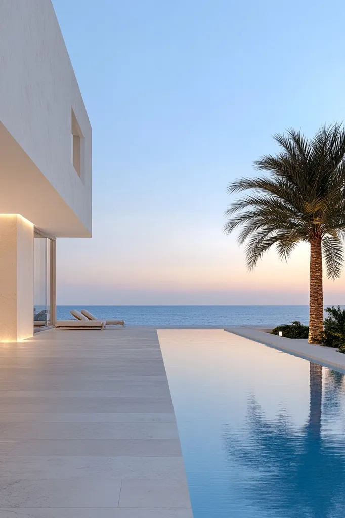 A minimalist white villa overlooks a tranquil ocean.  A long, slender infinity pool extends from the house towards the sea, reflecting the serene sunset sky.  Two lounge chairs sit on the expansive patio, beside the clean-lined structure. A single palm tree stands majestically near the pool, adding a touch of tropical elegance to the scene.  The overall ambiance is one of calm sophistication and coastal serenity.