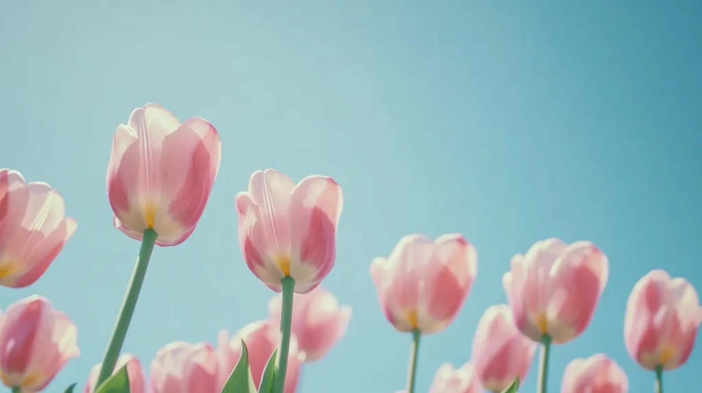 A low-angle shot captures a vibrant cluster of pink tulips reaching towards a clear, light-blue sky.  The tulips are in sharp focus, their soft petals delicately colored, contrasting beautifully against the bright backdrop.  The overall image evokes a sense of springtime freshness and serenity.