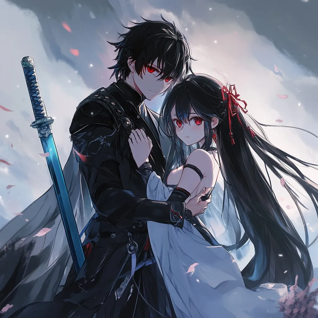 An anime-style illustration depicts a passionately embraced couple against a misty backdrop.  The male character, with black hair and red eyes, wears dark clothing and carries a teal katana.  His female counterpart, also with black hair and red eyes, is dressed in flowing, light blue attire.  Both possess striking red eyes and an intense gaze.  Falling petals suggest a romantic or melancholic mood.