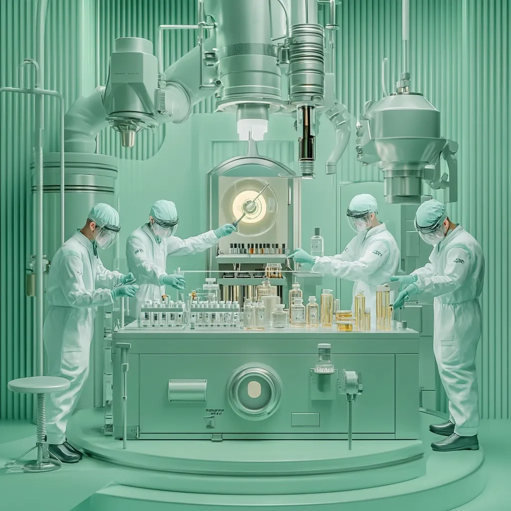 Four scientists in sterile white suits and protective face shields work in a futuristic, mint-green laboratory.  They are meticulously tending to rows of vials and containers on a large, central stainless steel workstation surrounded by complex machinery. The room's sleek design and advanced equipment suggest a high-tech pharmaceutical or scientific research facility. The overall aesthetic is clean, sterile, and technologically advanced.