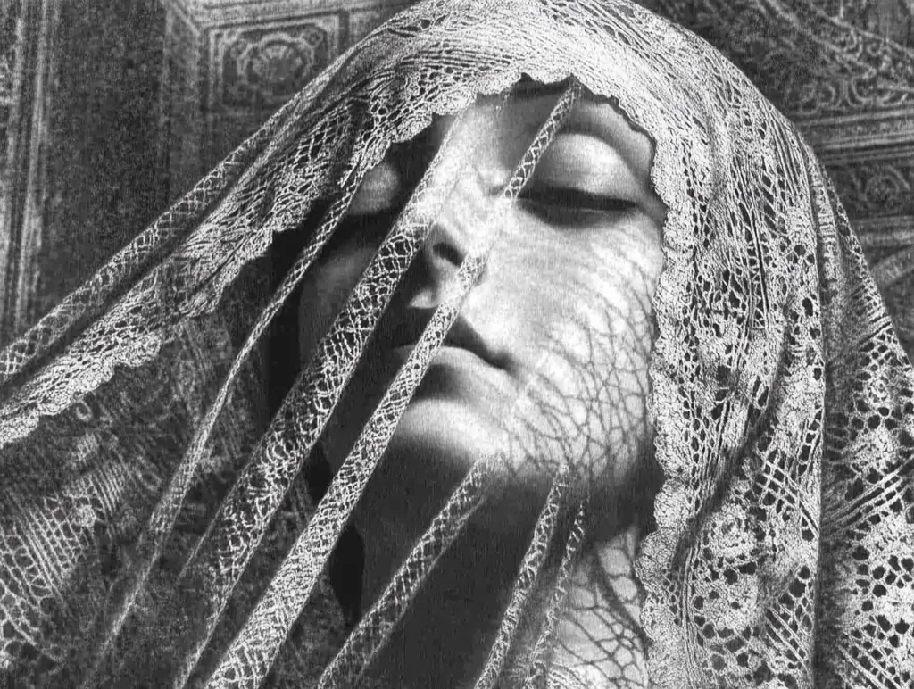 A black and white close-up photograph depicts a woman's face partially obscured by a delicate, intricately patterned lace veil.  The veil's texture is prominent, contrasting with the soft lines of her face.  Her eyes are closed, and a serene expression rests on her lips.  The background hints at an ornate, textured surface. The image evokes a sense of mystery and quiet beauty.