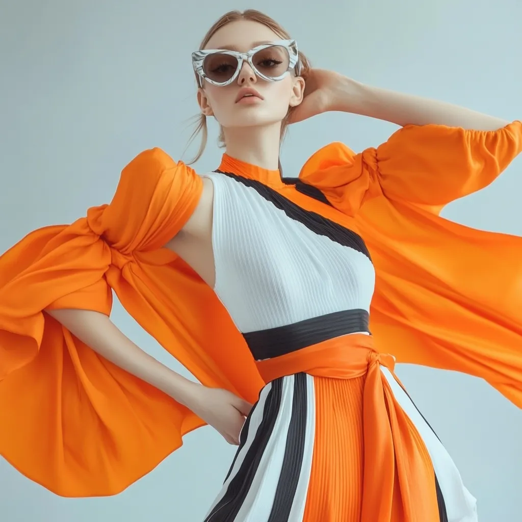 A fashion model poses in a striking orange and white pleated dress.  The dress features a dramatic, oversized orange cape-like sleeve and a bold black stripe accentuating the waist.  She wears stylish cat-eye sunglasses, adding to the overall chic and modern aesthetic of the image. The model's pose and the fabric's movement create a dynamic and energetic feel.