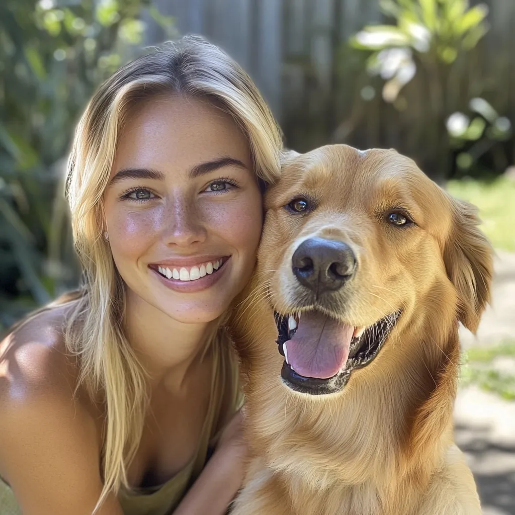 A young woman with long blonde hair and freckles smiles warmly while cuddling a golden retriever.  The dog is equally cheerful, its tongue lolling out happily.  They are outdoors, with a blurred background suggesting a garden setting.  The overall mood is one of affection and companionship.