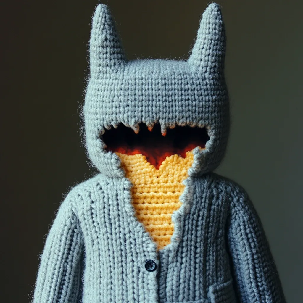 A crocheted amigurumi creature, resembling a bat, dons a light grey cardigan over a mustard yellow undershirt.  The bat's head is a hooded design, its stitched mouth revealing the yellow layer beneath. The texture of the yarn is prominent, creating a tactile visual appeal.  The overall style is whimsical and slightly unsettling, combining cute and spooky elements.