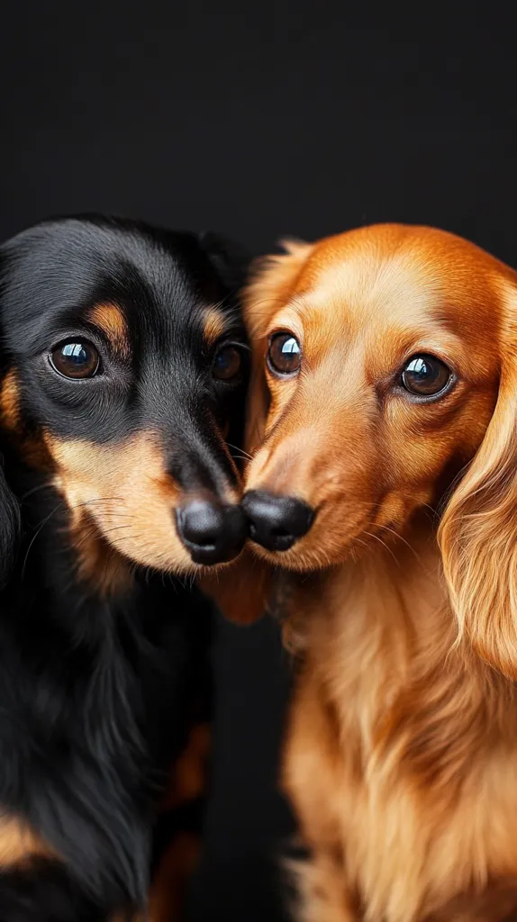 Two adorable Dachshunds, one black and one red, nuzzle close together against a dark background.  Their expressive eyes and soft fur are highlighted in the close-up shot. The image evokes a sense of warmth and companionship between the two dogs. Their heads are touching, showcasing their bond.