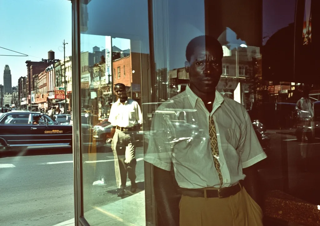 A Black man in a light-green shirt and khaki pants stands before a storefront window, partially obscured by reflections of a city street. Another man in a similar outfit is visible in the reflection. Cars and buildings are reflected in the glass, offering a glimpse of an urban setting. The overall image conveys a sense of urban life and observation.