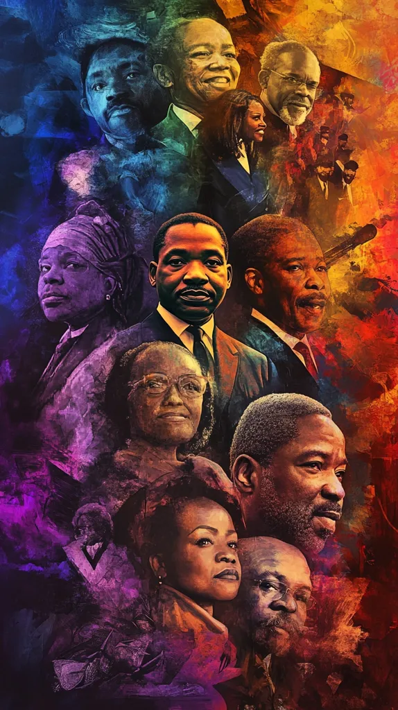 A vibrant, abstract portrait showcases a diverse group of prominent figures, possibly leaders or activists.  Their faces, rendered in bold strokes of color, blend into a powerful tapestry. The artistic style evokes a sense of strength, resilience, and shared history.  The image’s dynamic composition and emotional intensity create a compelling visual narrative.