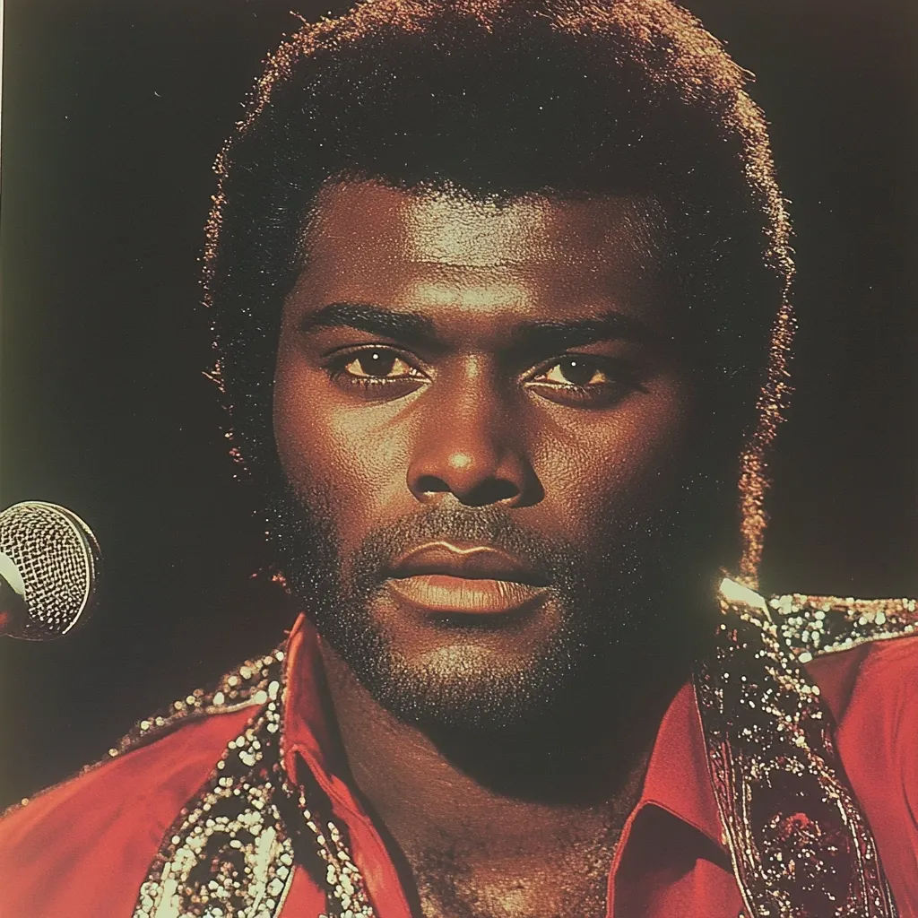Close-up portrait of a Black man with a prominent afro hairstyle. He's wearing a red shirt adorned with a gold and dark patterned embellishment around the collar.  His expression is serious and intense, his gaze directly at the camera. A microphone is partially visible in the lower left corner, suggesting a performance setting. The background is dark and blurred, focusing attention on the subject. The image evokes a sense of 1970s style and music.