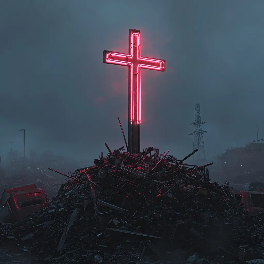 A neon pink cross glows brightly atop a large pile of rubble in a desolate, post-apocalyptic landscape.  The sky is a dark, moody grey, and the surrounding environment is shrouded in fog.  The cross stands as a stark contrast to the decay and destruction visible in the background, suggesting themes of hope, faith, or resilience amidst ruin.