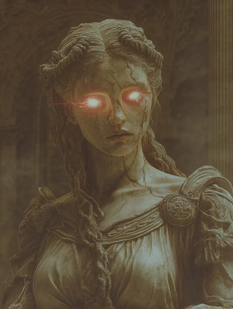 A weathered stone statue of a woman, possibly a goddess or spirit, is depicted.  Her eyes glow with an eerie orange light, contrasting with the somber, sepia tones of the sculpture.  The statue appears ancient, with cracks and weathering visible on its surface.  She is dressed in draped robes, suggestive of classical attire, and her hair is intricately styled. The background hints at a crumbling architectural setting, adding to the mysterious atmosphere.