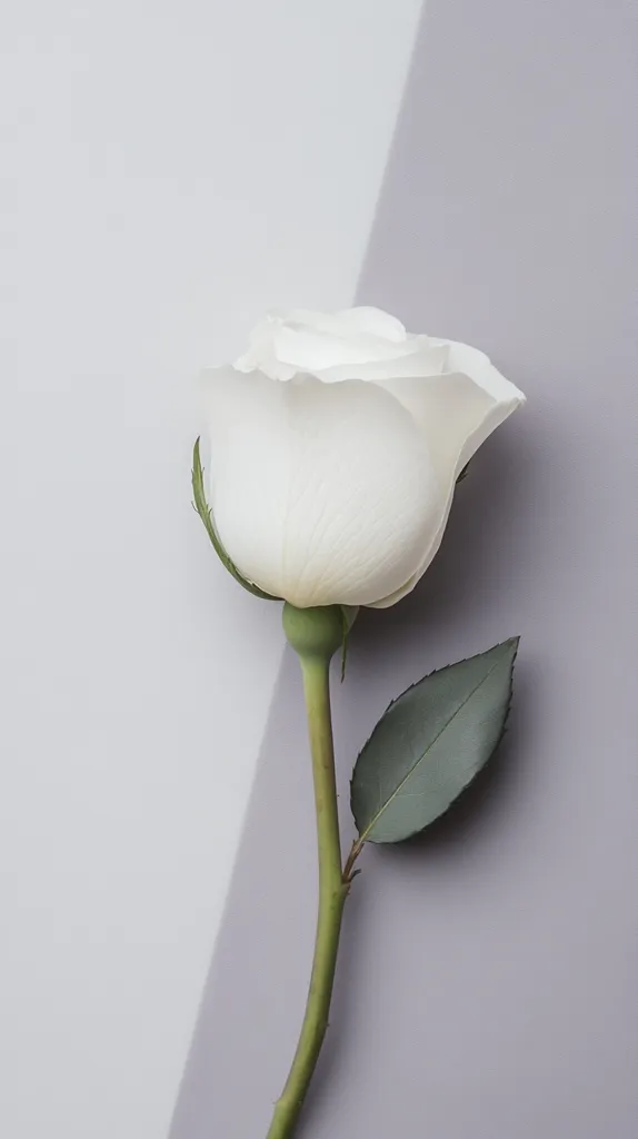 A single, pristine white rose stands elegantly against a backdrop of muted gray and white.  The delicate petals are fully bloomed, showcasing their soft texture.  A single, verdant leaf adds a touch of contrast to the stem, which extends diagonally across the image. The simple composition creates a serene and sophisticated aesthetic.