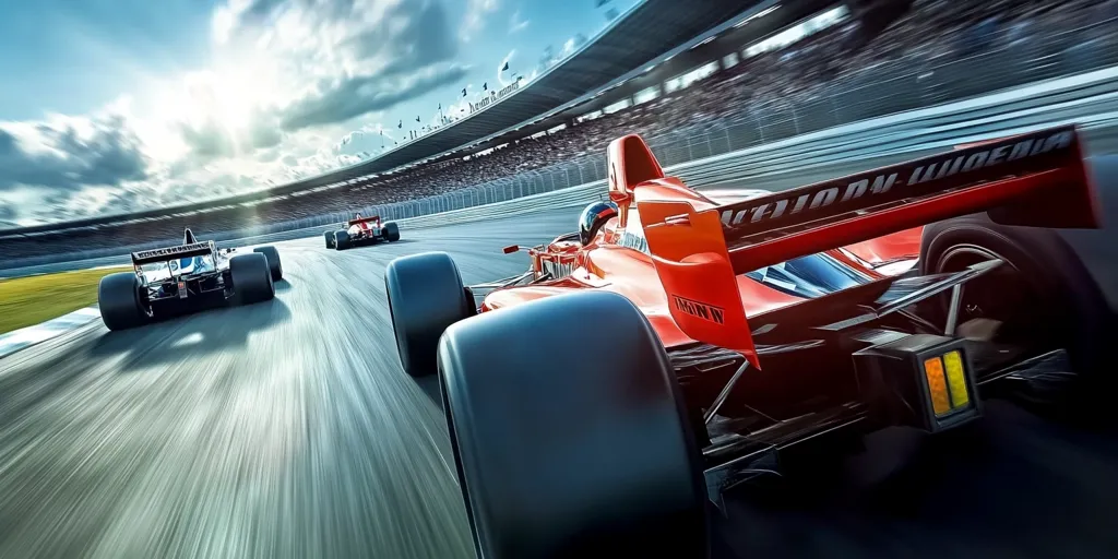 A red Formula 1 race car leads a pack on a fast-paced track, blurred motion suggesting high speed.  Other cars trail behind, while a large crowd fills the stands of the oval racetrack. The bright sunlight and partly cloudy sky create a dramatic backdrop to the exhilarating race. The focus is on the leading car, emphasizing the intense competition and speed of the event.