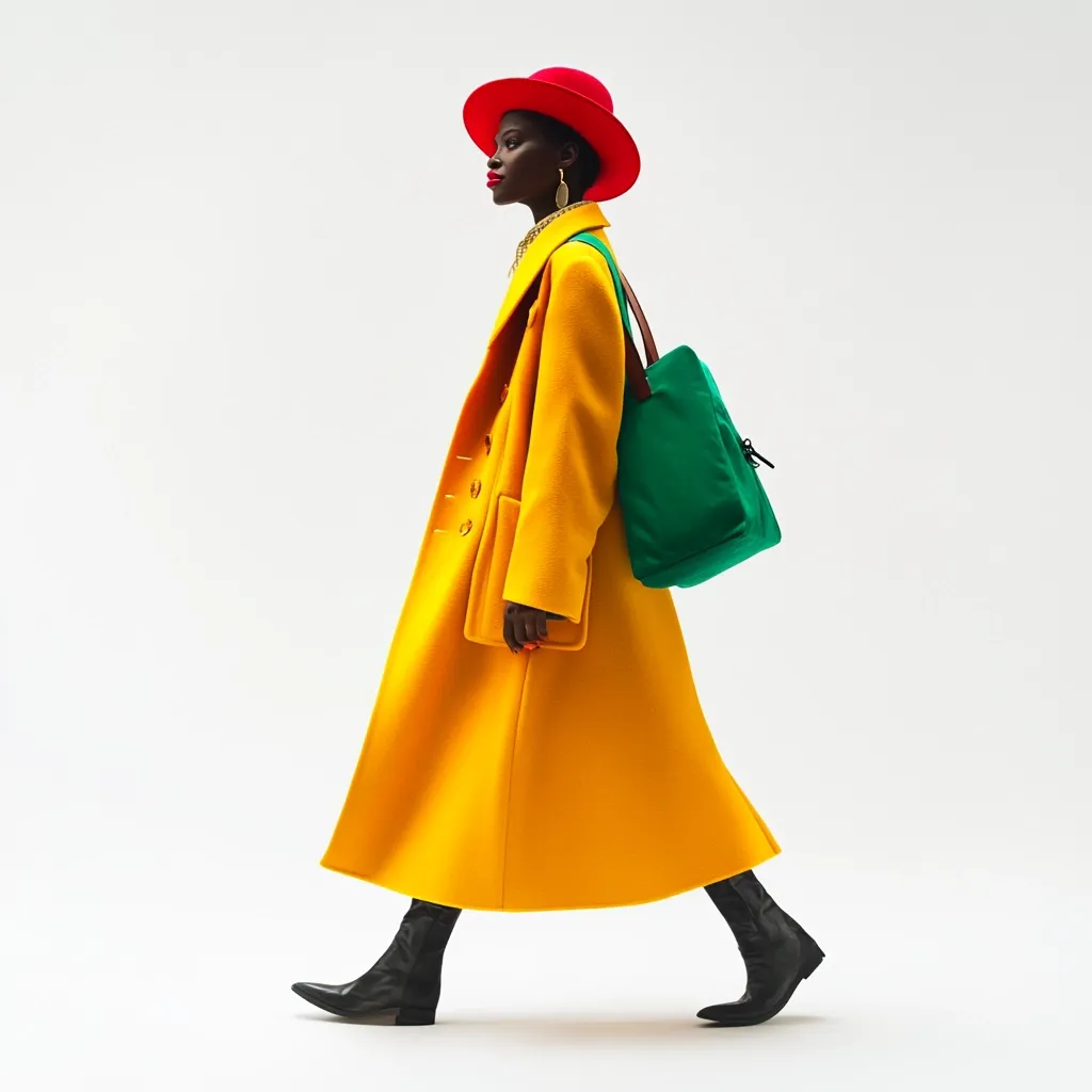 A stylish model strides confidently, showcasing a vibrant yellow coat that flows elegantly to her ankles.  She accessorizes with a bold red hat,  gold earrings, and a striking teal handbag.  The overall effect is a bold, modern statement of color and effortless chic.  The image is set against a minimalist white backdrop.