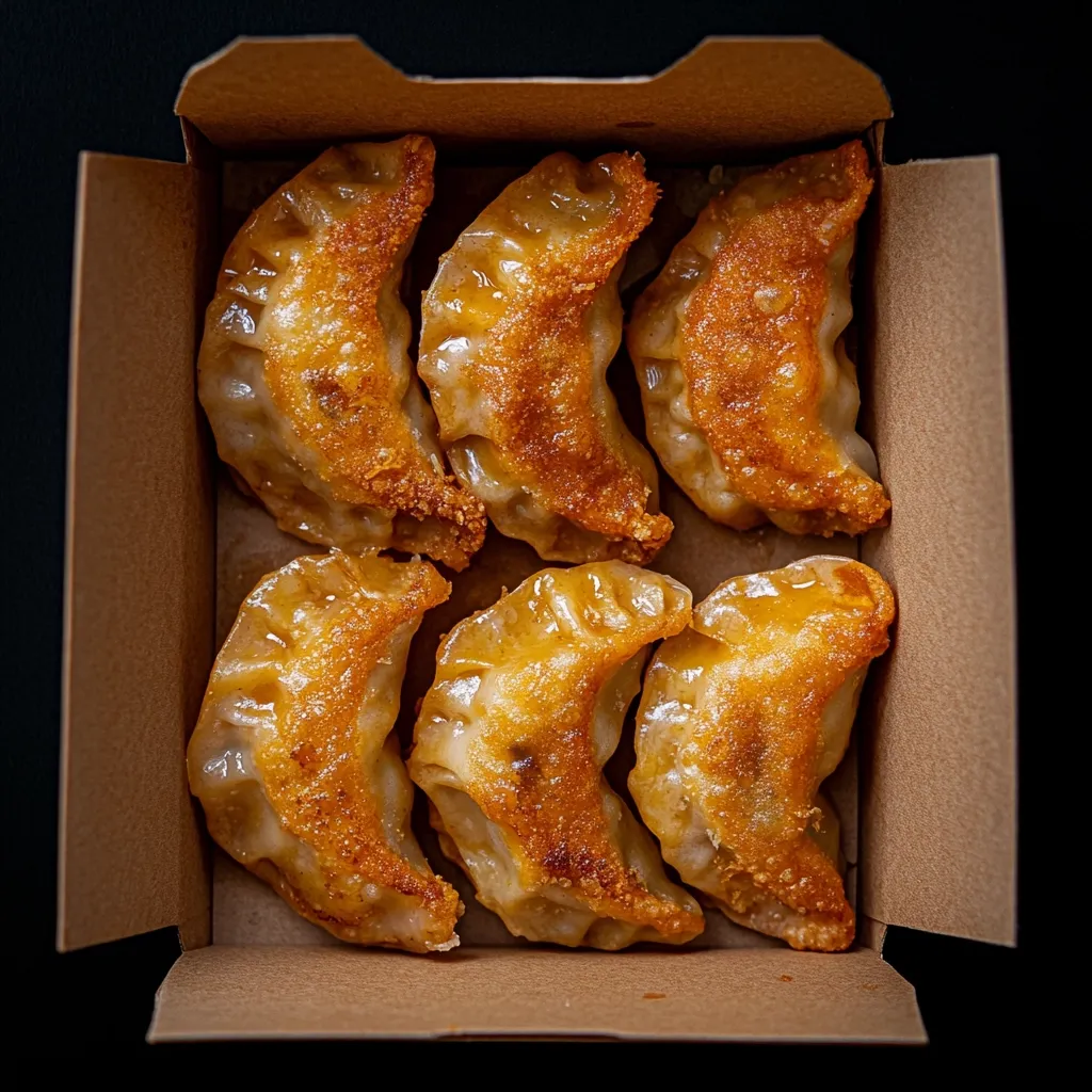 A cardboard takeout box holds eight golden-brown pan-fried dumplings.  The dumplings are arranged neatly in two rows of four, their crispy exteriors glistening.  They appear plump and juicy, suggesting a savory filling. The box is set against a dark background, highlighting the delicious food within.