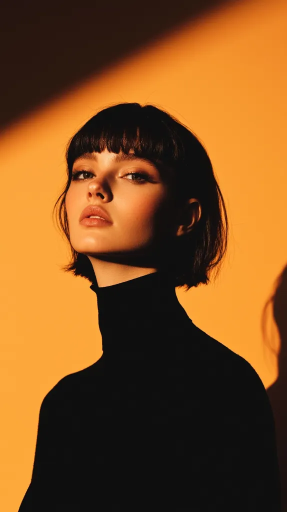 A young woman with a blunt bob and bangs is captured in a close-up shot.  She wears a black turtleneck sweater against a vibrant orange background.  Dramatic lighting casts shadows across her face and shoulders, creating a striking contrast. Her expression is serious and direct, her gaze engaging the viewer. The overall aesthetic is minimalist and stylish.