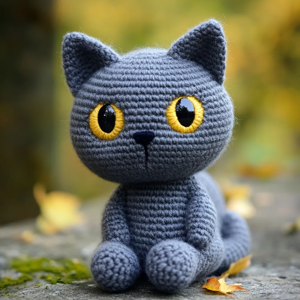A charming crocheted gray cat sits on a mossy stone.  Its large, bright yellow eyes and small, neatly crocheted features give it a sweet expression. The cat's body is a dense, textured crochet, and it is posed in a relaxed sitting position.  Autumnal leaves are subtly visible in the background, adding to the cozy ambiance.