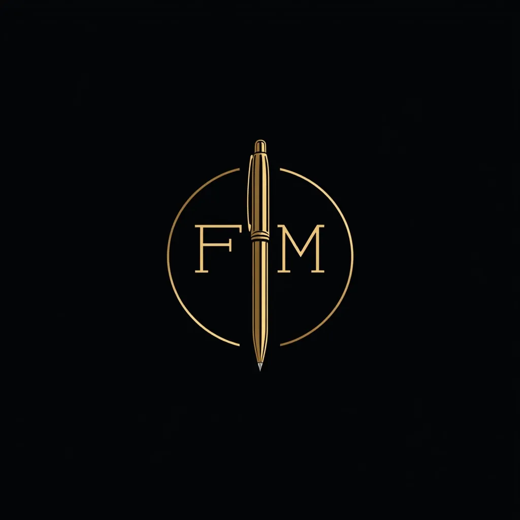 A logo featuring a gold pen positioned vertically within a circular frame.  The letters "FM" are subtly placed on either side of the pen within the circle, all against a black background. The design is minimalist and elegant, suggesting professionalism and possibly a writing or legal service.  The gold color adds a touch of luxury.