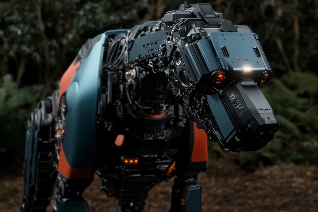 A robotic dog, predominantly dark teal and orange, stands in a forest.  Its intricate mechanical design is visible, showcasing exposed wires and complex joints.  Small lights illuminate parts of its body, giving it a futuristic and somewhat menacing appearance.  The robot's head is lowered, its gaze directed forward. The background is blurred, focusing attention on the detailed robotic form.