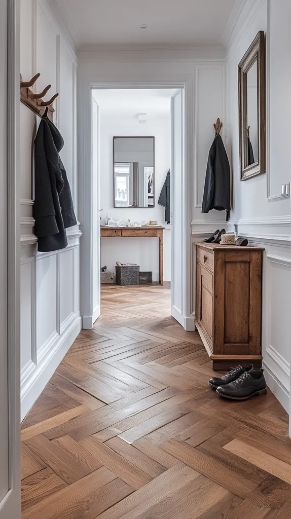 A long hallway with herringbone wood flooring features white wainscoting, wooden coat hooks with dark jackets, and a vintage wooden cabinet.  A mirror reflects a glimpse of a light-filled bathroom beyond. The hallway exudes a classic, elegant style, with a pair of men's shoes resting near the cabinet. The overall impression is one of refined simplicity and quiet sophistication.