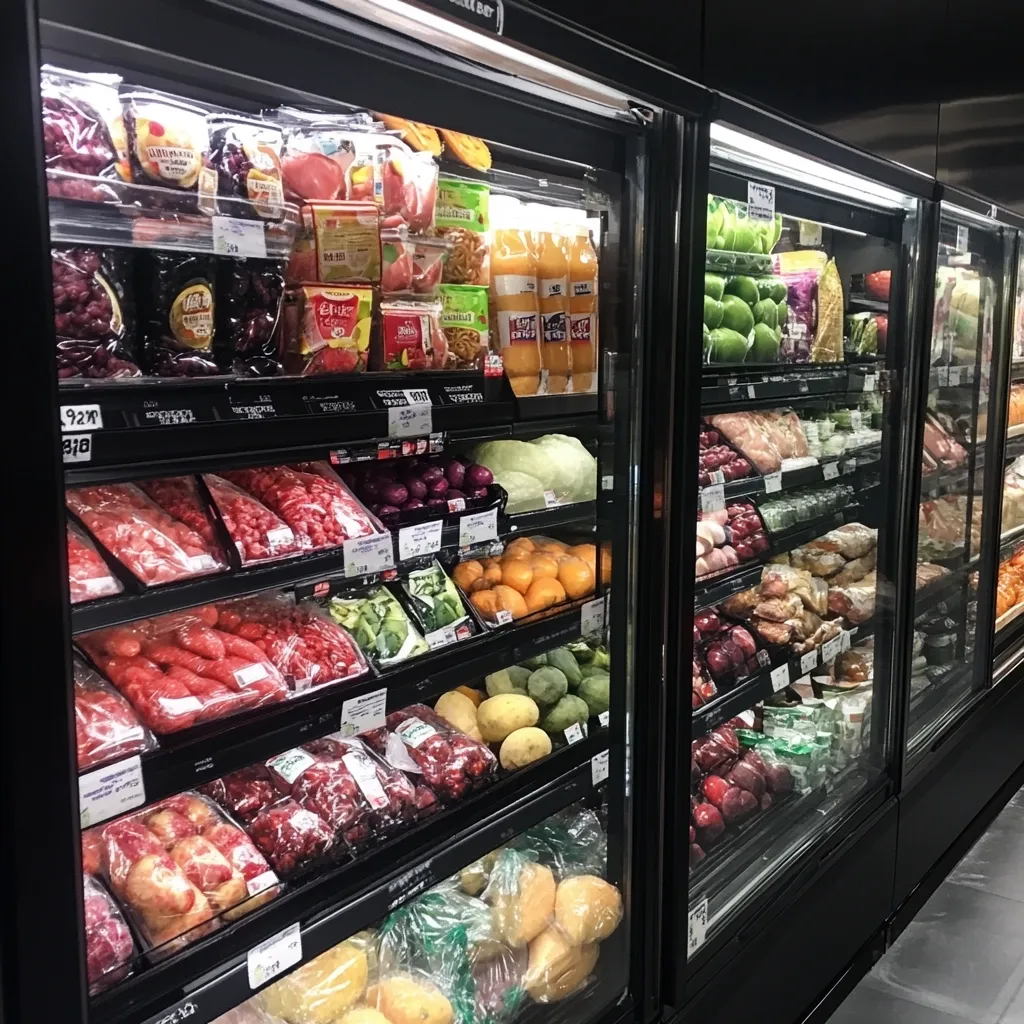 A refrigerated grocery display showcases a vibrant array of fresh produce and packaged meats.  Shelves are stocked with neatly arranged items including various fruits (like oranges, mangoes, and papayas), vegetables (such as cabbage and green beans), and packaged meats in plastic.  The display is well-lit, highlighting the freshness and variety of the goods.  Price labels are visible on many items.