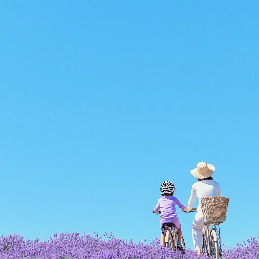 A mother and child, seen from behind, cycle through a vibrant lavender field under a clear blue sky.  The child wears a helmet, and the mother a sun hat.  Both bikes have baskets; it's a peaceful, idyllic scene showcasing a summer day's adventure.  The vast, empty sky dominates the upper half of the image, emphasizing the serenity of the moment.