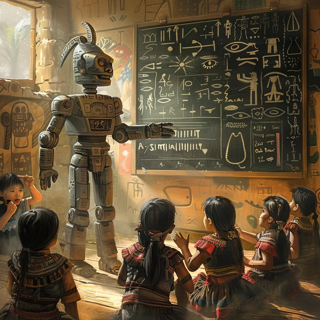 A retro-futuristic robot, resembling ancient statuary, stands before a classroom of young children.  The robot, with a rabbit-like headpiece, points to a chalkboard filled with hieroglyph-like symbols and illustrations. The children, dressed in traditional clothing, watch attentively as the robot teaches a lesson, creating a striking blend of historical and technological elements.  The setting appears to be a simple, rustic classroom with ancient wall carvings.