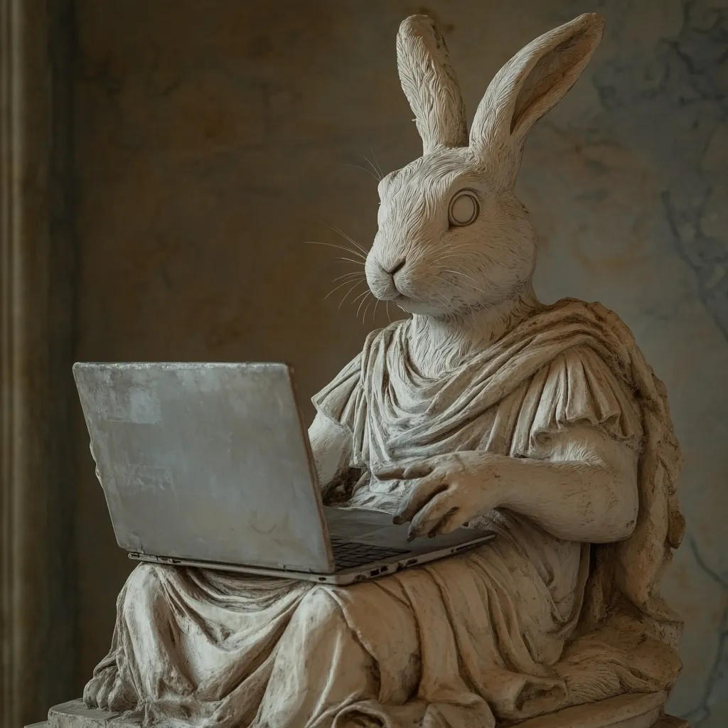 A stone statue of a rabbit, dressed in classical Roman attire, sits and operates a laptop computer.  The rabbit's detailed features and the realistic depiction of its posture create a humorous juxtaposition of ancient and modern elements. The statue is light beige, suggesting a material like marble or limestone.  The overall effect is both whimsical and thought-provoking.