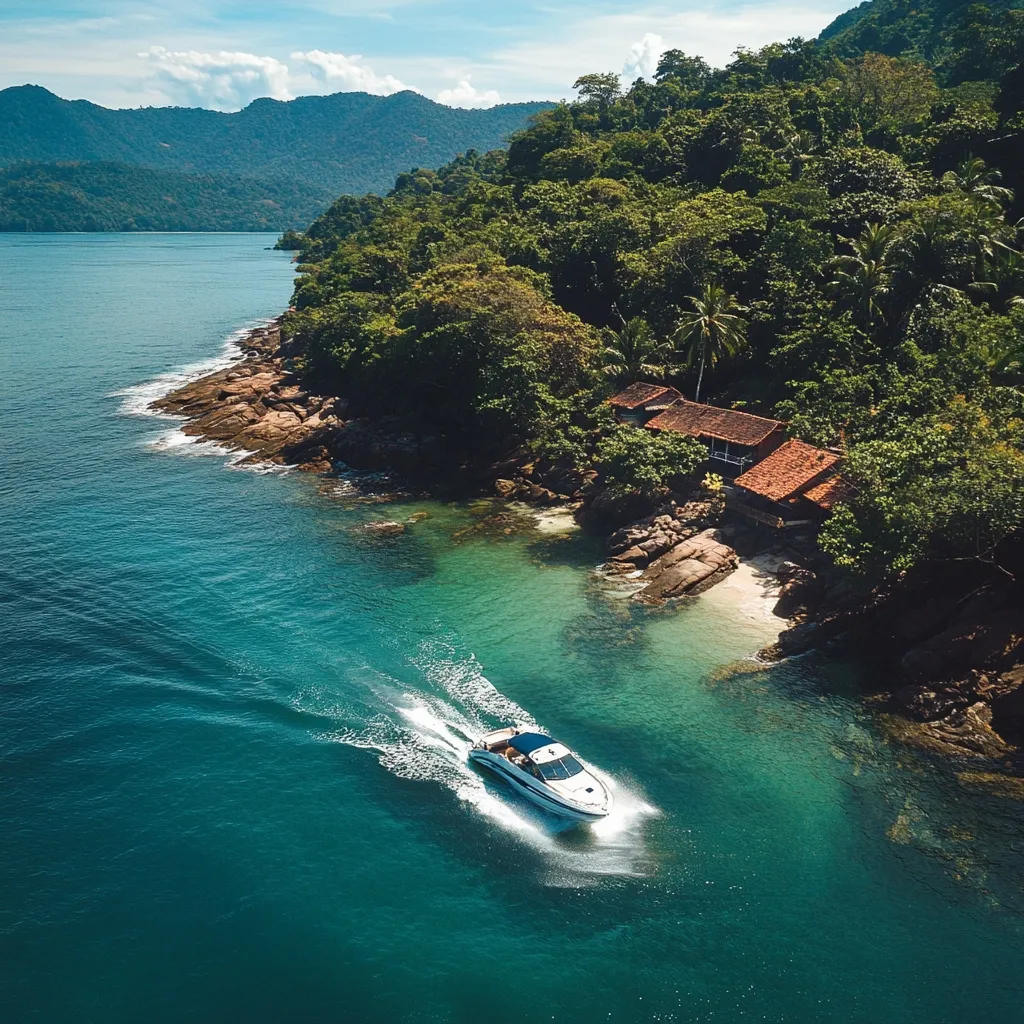 An aerial view captures a pristine coastline, where a white powerboat cuts through the turquoise water.  Lush green vegetation blankets the hillsides, leading down to rocky shores and a small cluster of rustic houses nestled amongst the trees.  The clear, shallow water reveals vibrant coral reefs and a tranquil beach. The scene exudes serenity and the beauty of a secluded tropical paradise.
