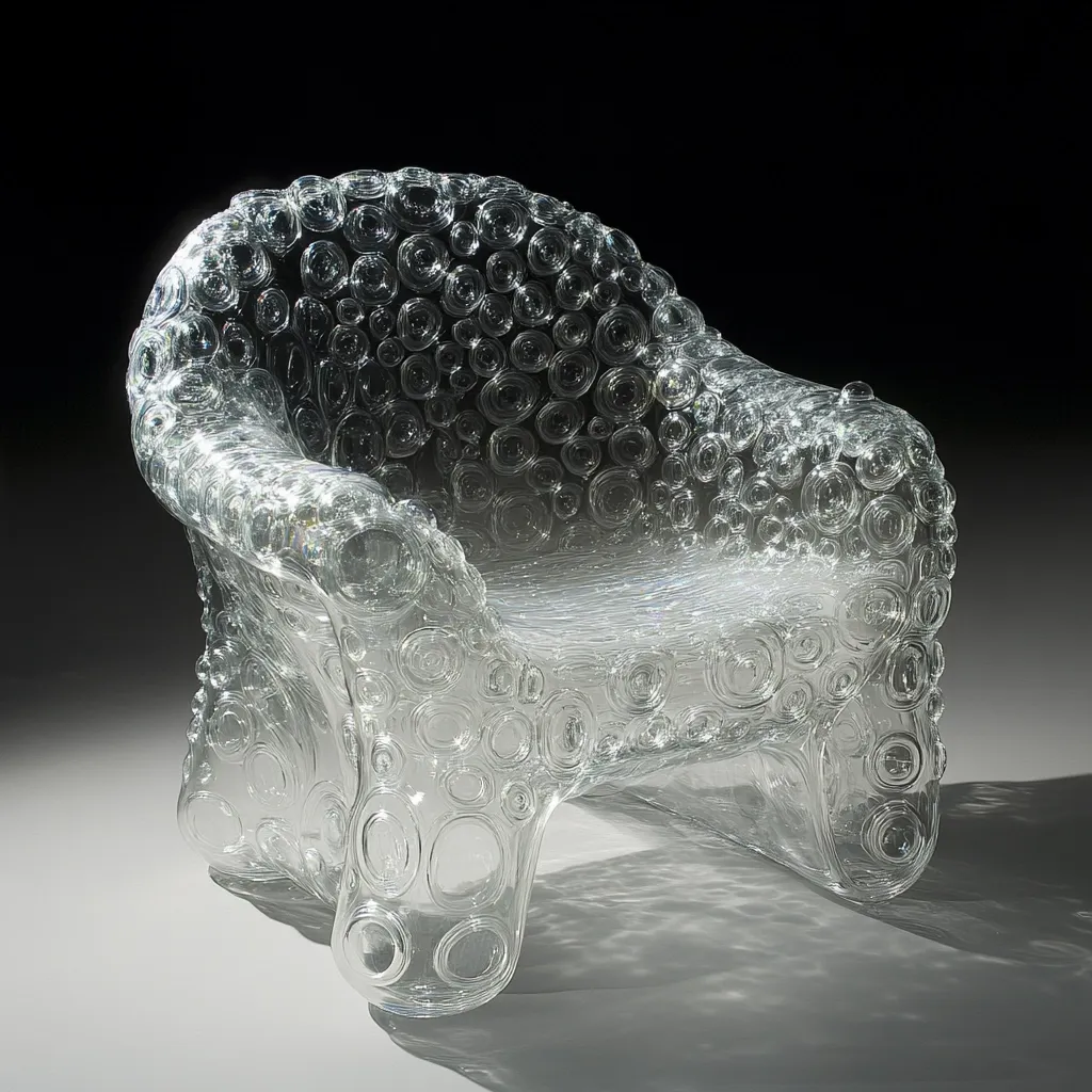 A unique armchair crafted from clear glass, its surface textured with numerous embedded circular bubbles. The design is organic and flowing, lacking sharp edges.  The chair's translucent nature allows light to pass through, highlighting the intricate texturing. It presents a modern and artistic piece of furniture.