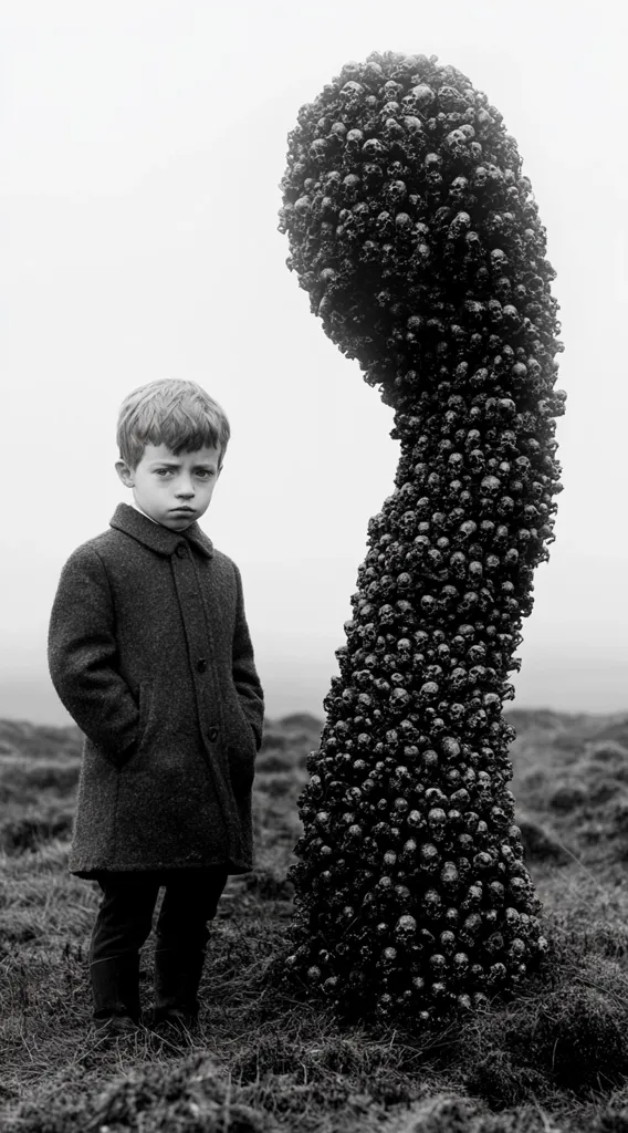 A young boy in a dark coat stands solemnly before a large, ominous structure formed entirely of skulls. The structure resembles a twisted tree or column, its surface densely packed with numerous small skulls. The monochromatic image evokes a sense of unease and mystery, set against a bleak, overcast landscape. The boy's serious expression contrasts with the macabre backdrop, creating a poignant and unsettling scene.