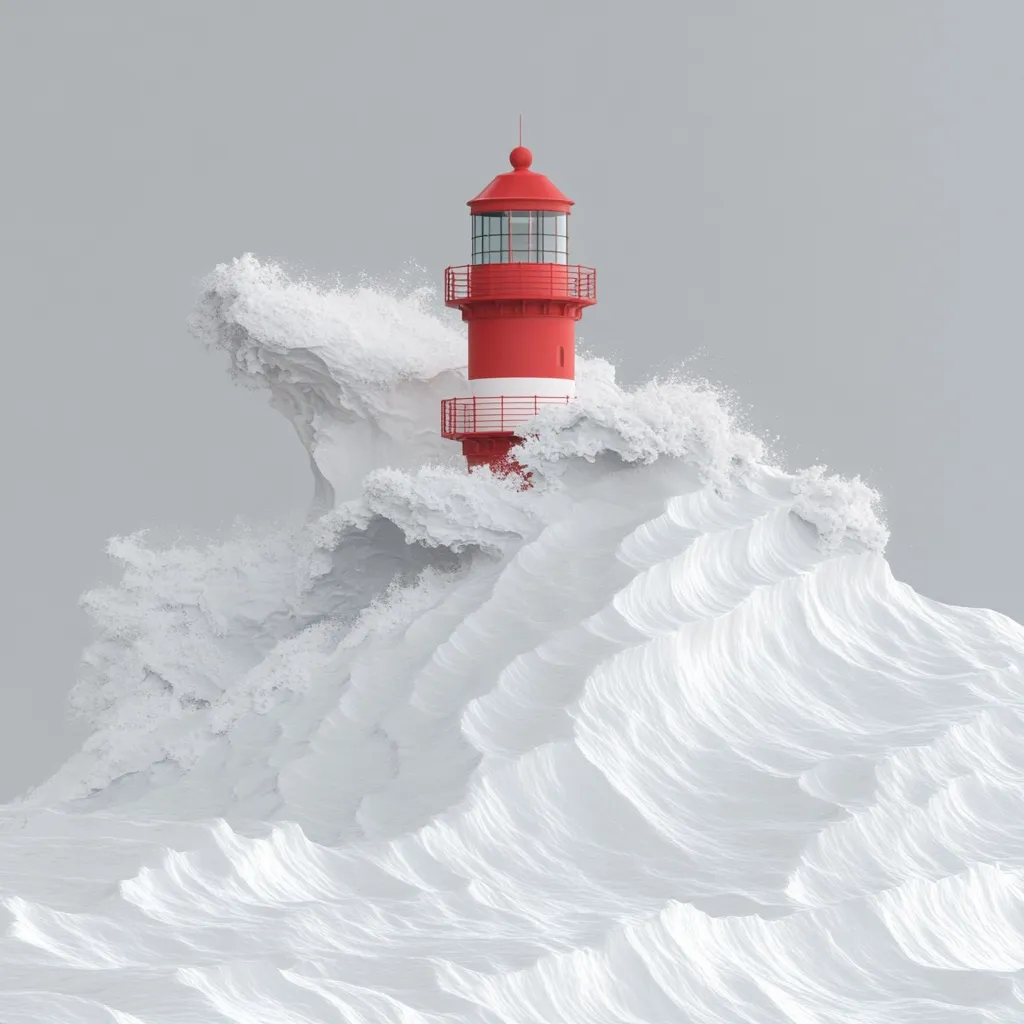 A vibrant red and white lighthouse stands resiliently amidst a colossal, frothing wave.  The wave's texture is strikingly detailed, its white crests contrasting sharply with the lighthouse's bold color. The scene evokes a sense of power and endurance, a beacon of hope against the overwhelming force of nature. The sky is a muted grey, emphasizing the drama of the scene.
