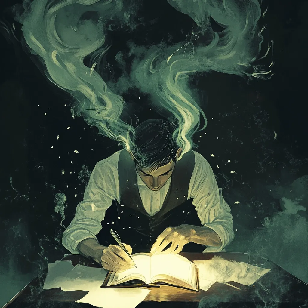 A man sits hunched over an open book, pen in hand, his face illuminated by an inner light emanating from the pages.  Ethereal, swirling green smoke rises from his head, suggesting inspiration or perhaps a mystical connection to his writing. The scene is dark and atmospheric, emphasizing the mystery and intensity of the creative process.  Papers and documents surround him on a dimly lit table.