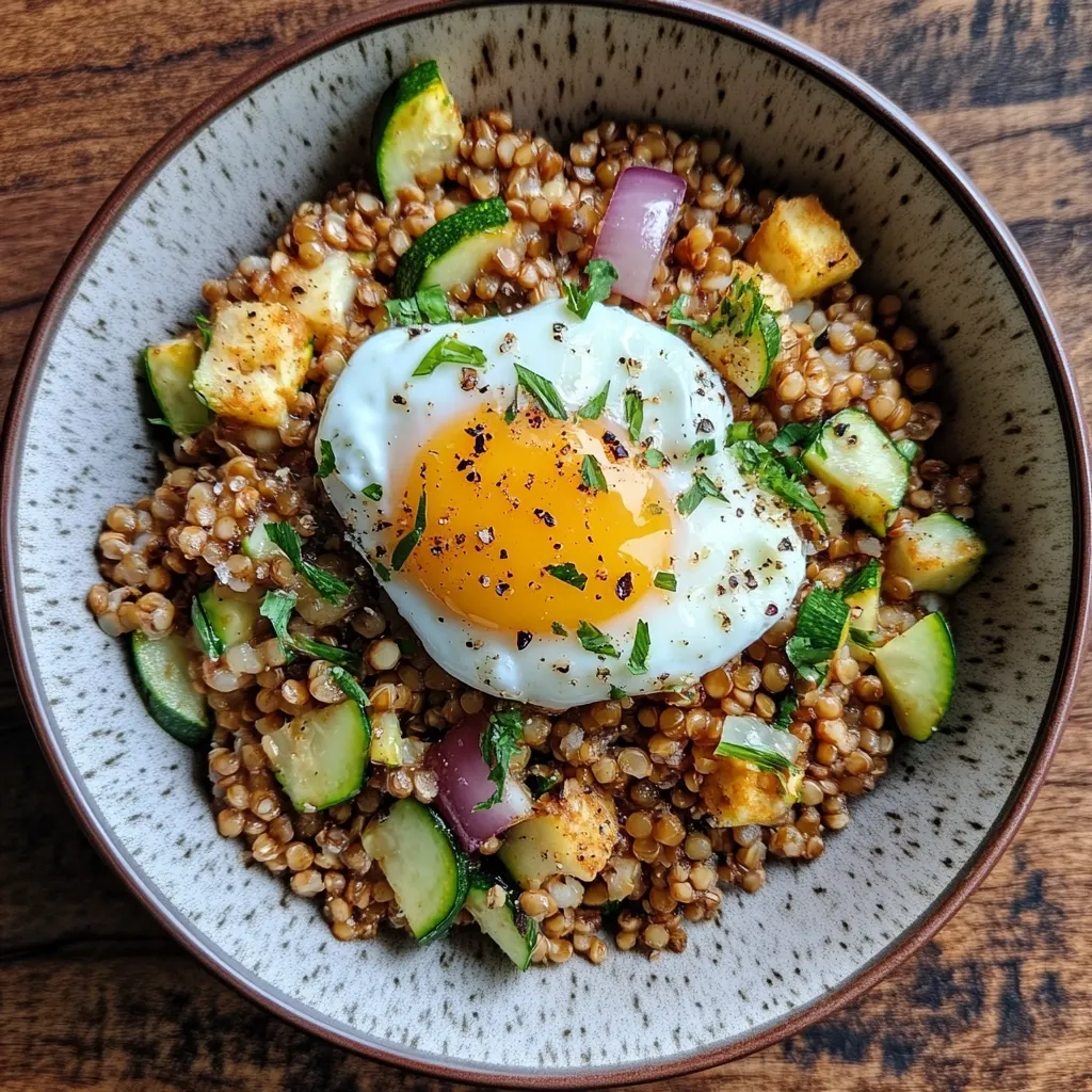 A bowl of hearty quinoa or couscous is topped with a perfectly cooked fried egg, its yolk glistening.  Sautéed zucchini and red onion add color and texture to the grain base. Fresh herbs garnish the dish, enhancing its visual appeal and likely adding a fresh flavor element.  The overall presentation suggests a healthy and delicious meal.