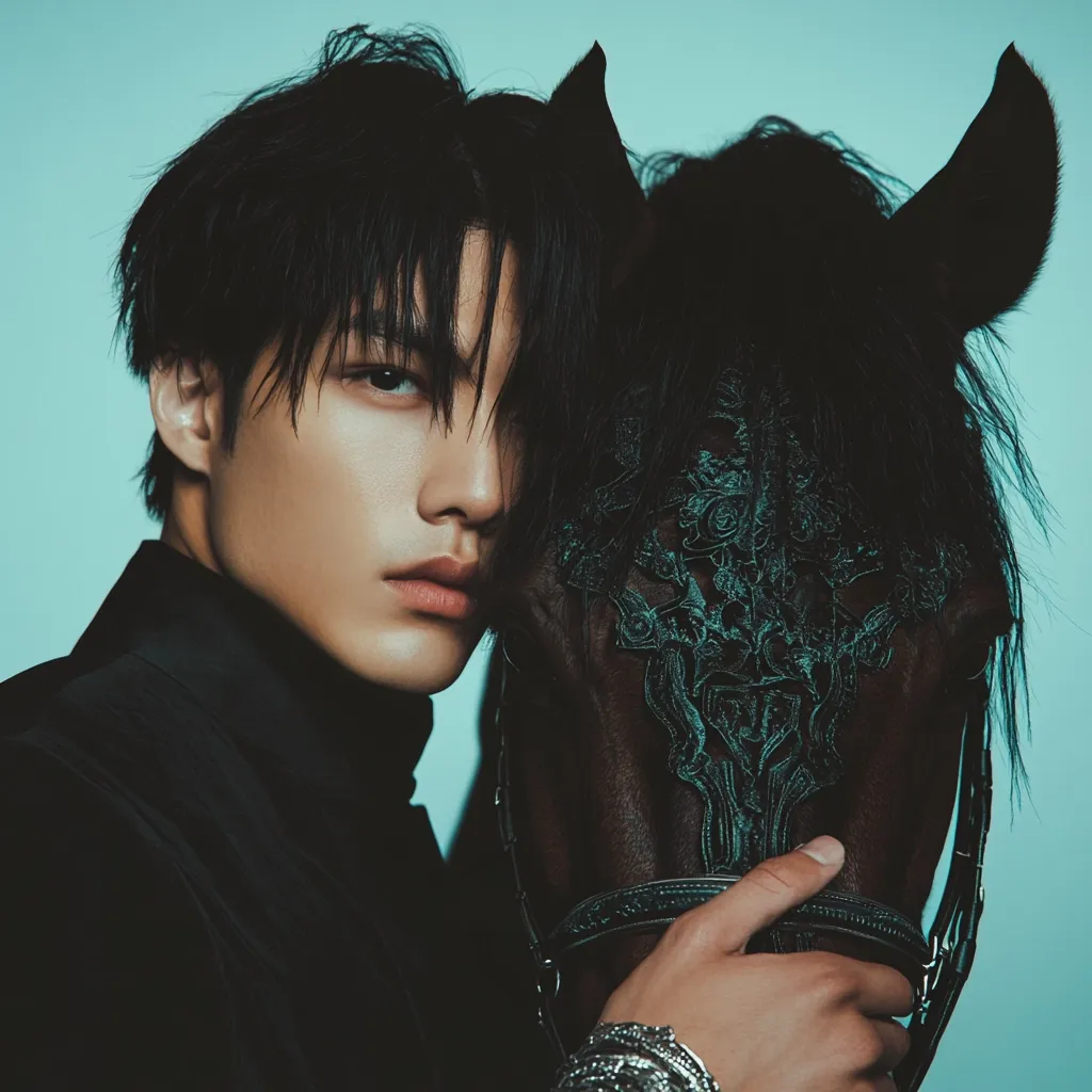 A young man with dark hair, wearing a black jacket, leans against a dark horse adorned with intricate teal designs on its bridle.  His expression is serious, his gaze partially obscured by his hair. The man's hand gently rests on the horse's head, creating a close and intimate connection between the two subjects. The backdrop is a muted teal, emphasizing the dark tones of the man and horse.