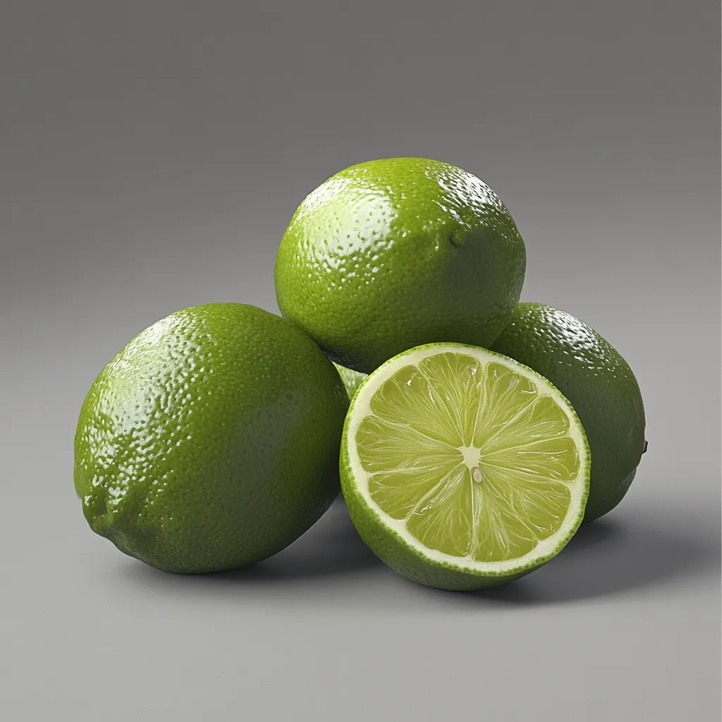 A cluster of three whole limes and one lime cut in half are arranged on a gray surface.  The limes are bright green and appear juicy and fresh.  The cut lime reveals its vibrant inner segments. The overall image is clean, simple, and emphasizes the vibrancy of the limes.