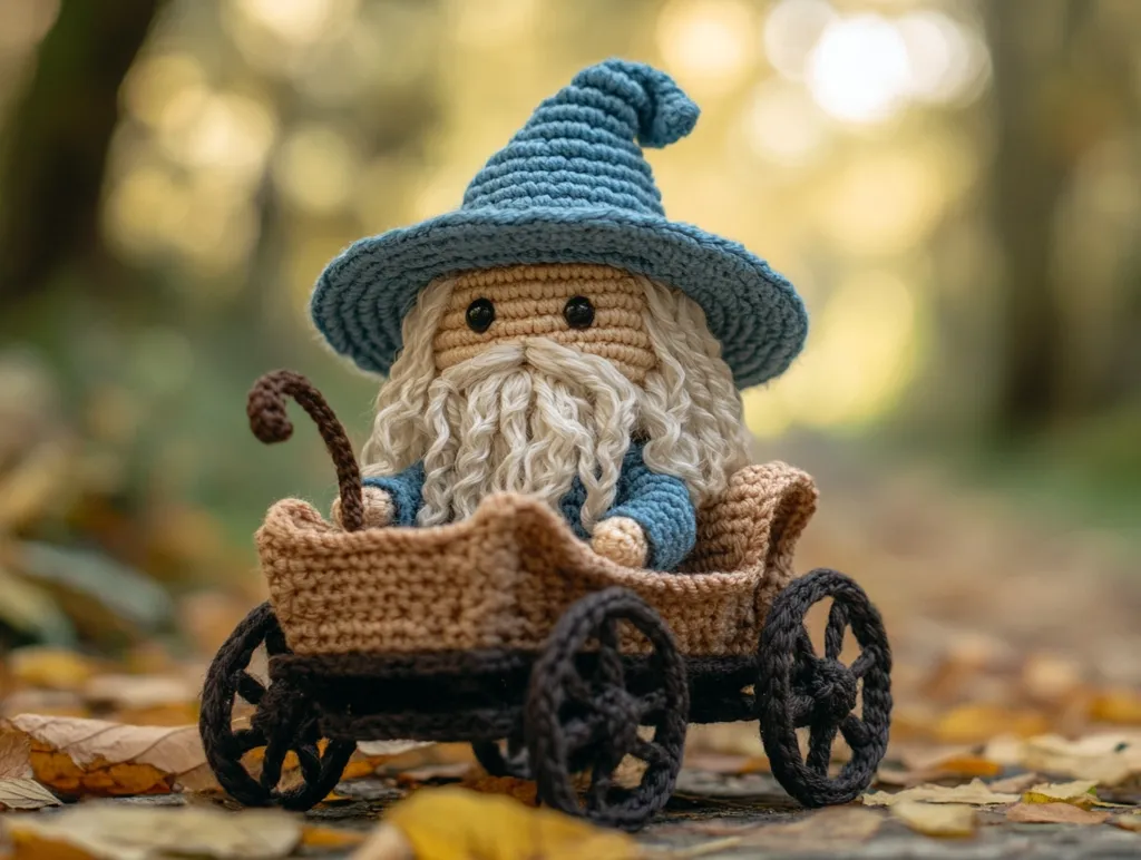 A charming crocheted gnome, wearing a blue hat and long white beard, sits in a miniature crocheted wagon.  The wagon has dark brown wheels and a tan body.  The scene is set in a blurred autumnal woodland background, with fallen leaves scattered on the ground. The gnome's serene expression and the quaint wagon create a whimsical, cozy image.