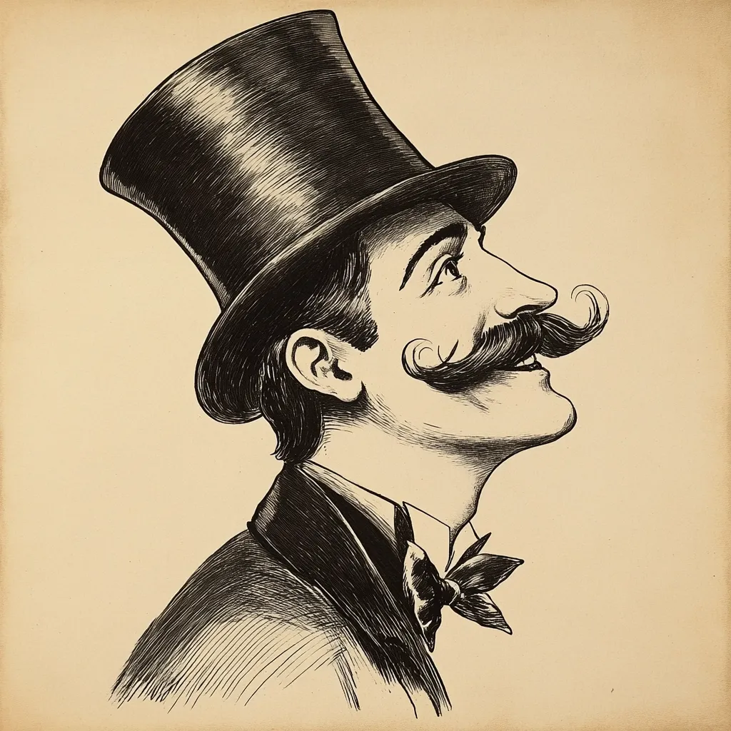 A profile drawing of a man in a top hat, rendered in black ink on a beige background. He sports a meticulously styled handlebar mustache and is dressed in formal attire, suggesting a Victorian or Edwardian era setting. The style is reminiscent of vintage illustrations, with detailed shading and linework emphasizing his features and clothing.  His expression is one of cheerful contentment.